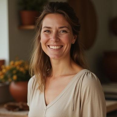 Founder Sarah Jenkins, smiling warmly amidst rustic kitchen and textile elements.