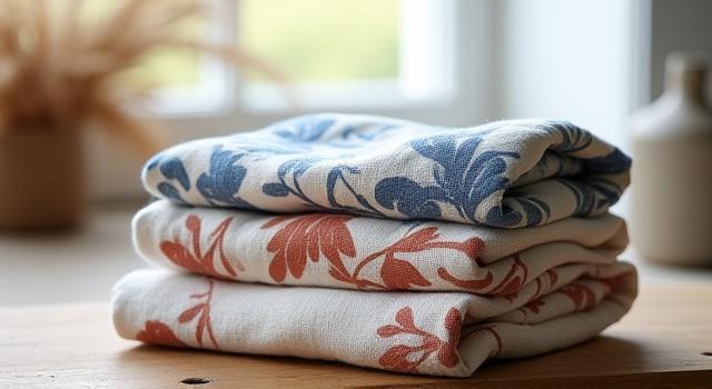 Hand-dyed linen kitchen towels with botanical prints
