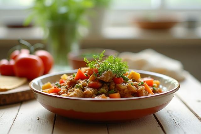 A beautifully arranged rustic meal on a wooden table.