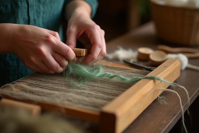 Hands working with naturally dyed fibers on a loom.