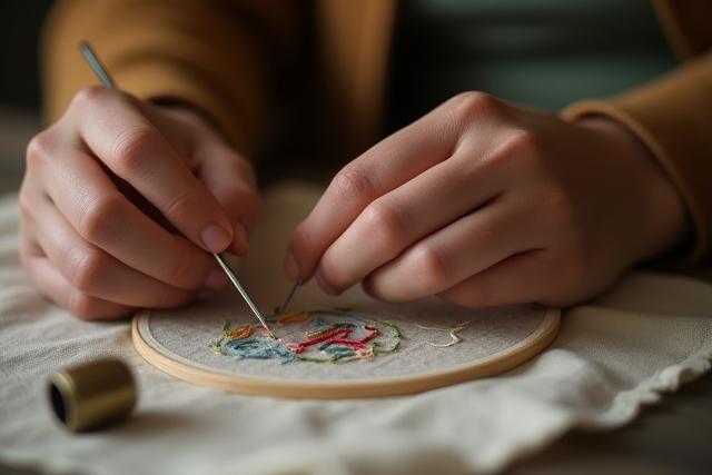 Close-up of hands doing intricate hand-stitching on fabric