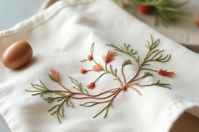 Close-up of delicately embroidered kitchen linens with botanical patterns.