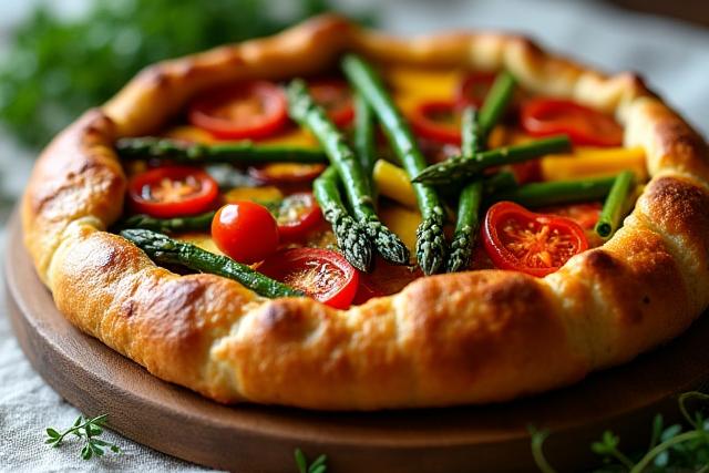 A vibrant seasonal vegetable tart with a golden crust on a wooden board.