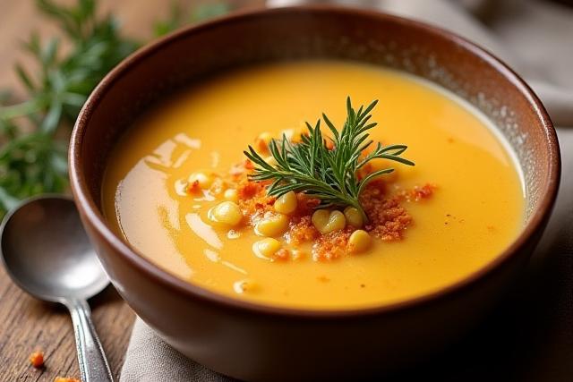 A rustic bowl of smoked paprika and corn chowder with fresh herbs.