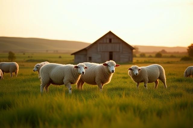 A flock of sheep grazing in a green pasture with a rustic barn in the background.