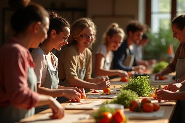 Diverse group of people smiling and laughing around a large table, engaged in a cooking or crafting class.
