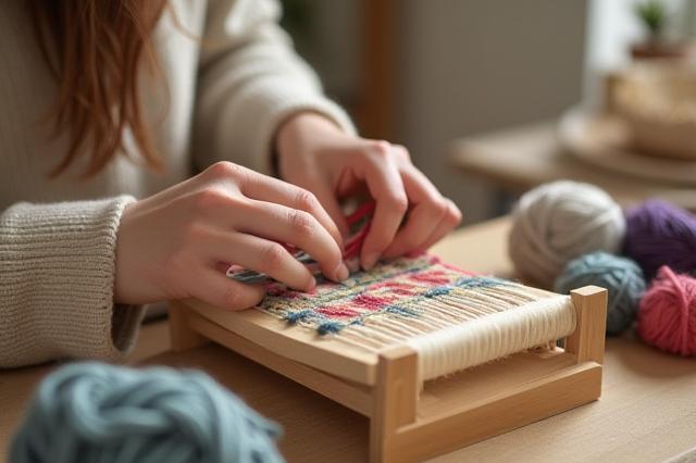 Hands working on a small loom, weaving colorful threads