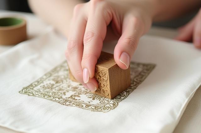 A hand pressing a carved wooden block onto fabric, creating a pattern