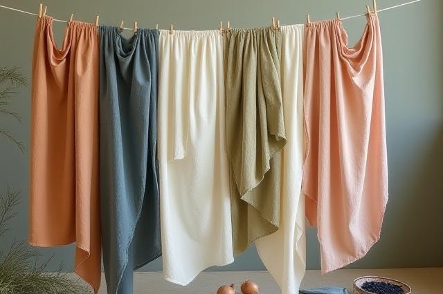 Various fabrics dyed with natural plant extracts, hanging to dry
