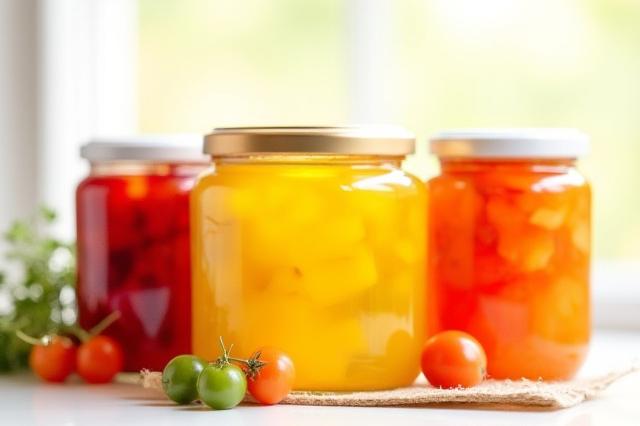 Assortment of colorful canned fruits and vegetables in glass jars