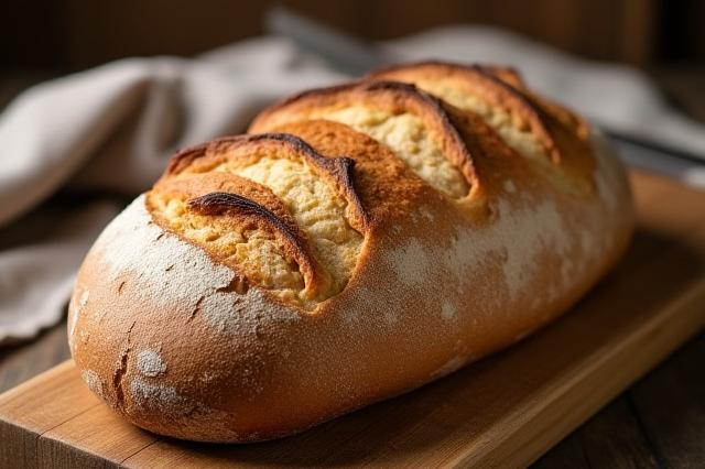 Freshly baked sourdough bread with a crispy crust on a wooden board